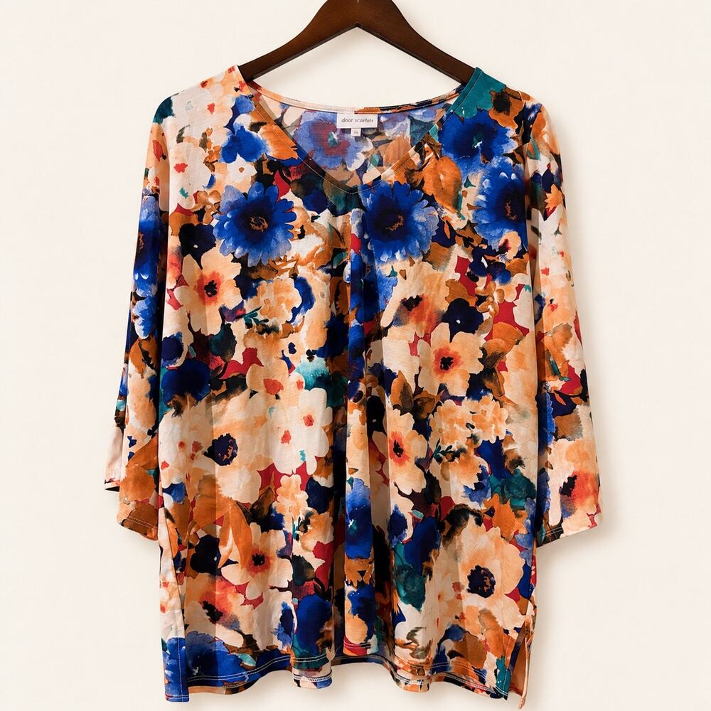 Dear Scarlett XL Watercolor Floral Tunic Top 3/4 Sleeve Stretch Blouse Plus